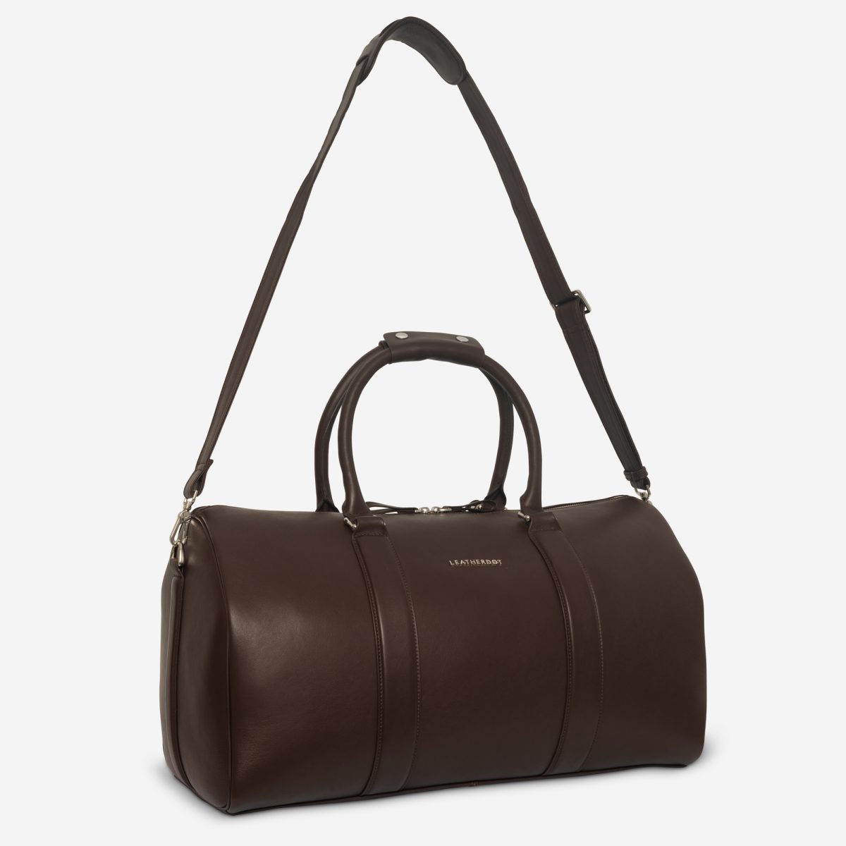 Premium dark brown leather duffel bag with single zipper compartment by LeatherDot Bangladesh